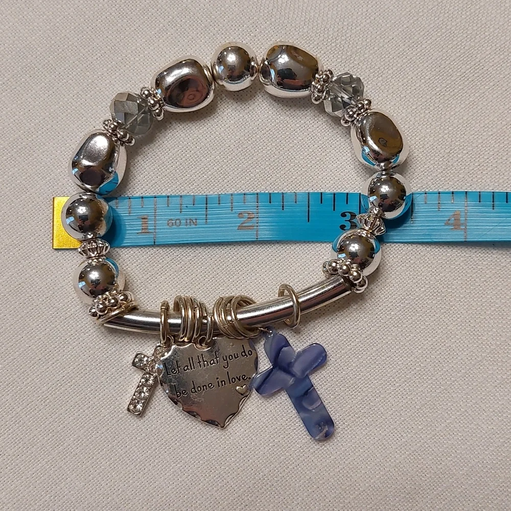 Silvertone Vintage Artisan Bracelet with Inspirational Charms Heart Cross NWOT